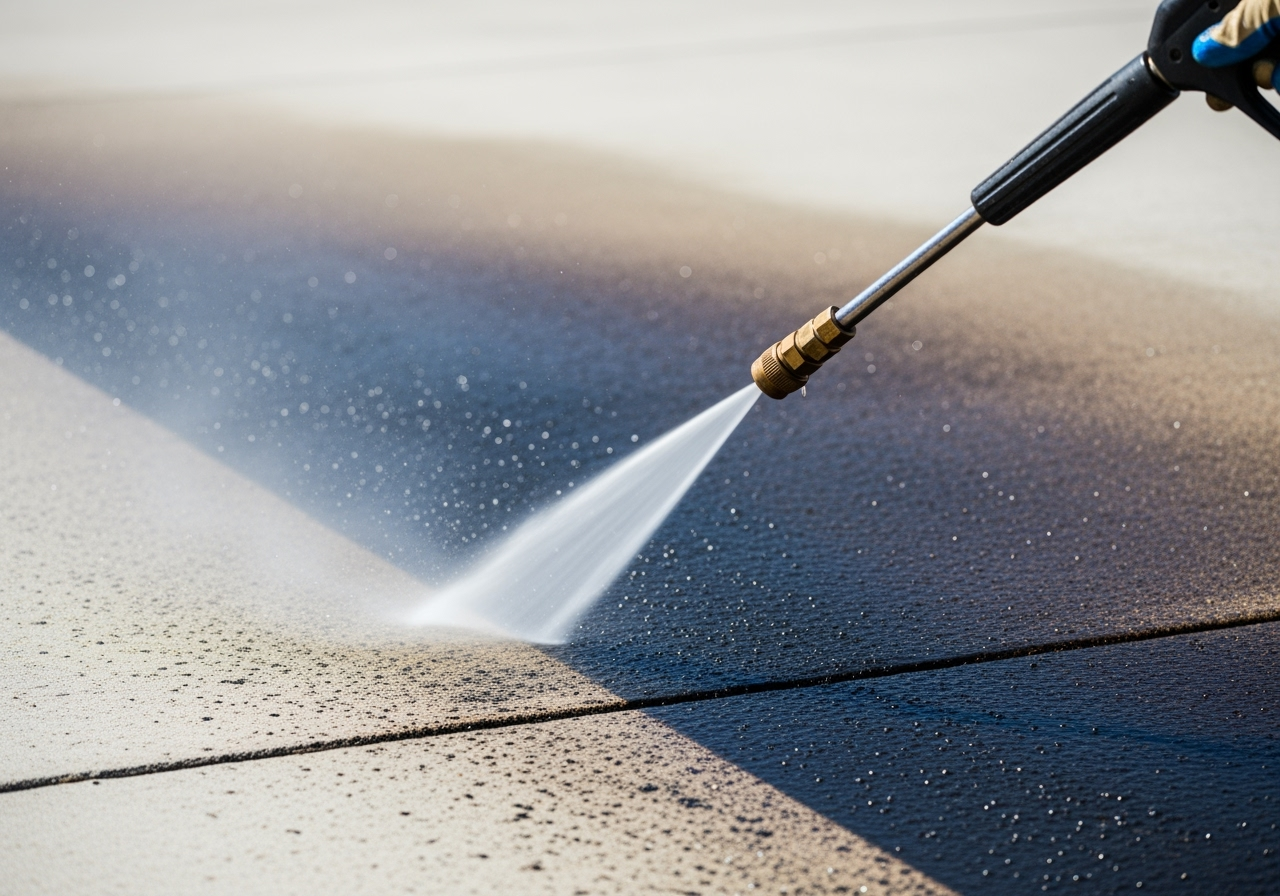 Pressure washing spray lifting dirt from a concrete surface